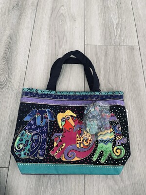 NWOT Laurel Burch Colorful Boho Abstract Dogs 90s Canvas Shoulder Tote 12x9x4 
