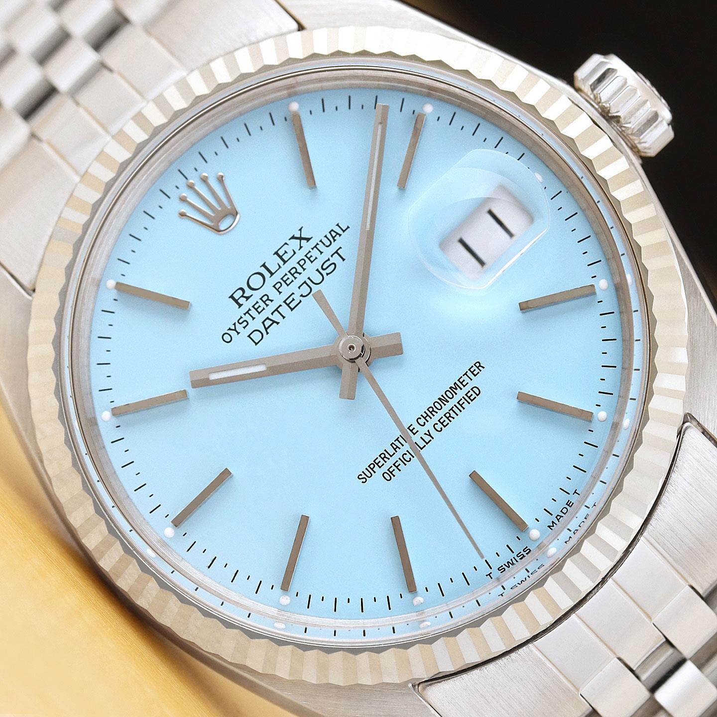 ROLEX MENS DATEJUST AQUA BLUE DIAL 18K WHITE &amp; STEEL eBay