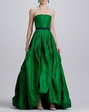 Oscar De La Renta Kelly Green Strapless Silk Ball Gown Dress Cocktail Belt Puffy