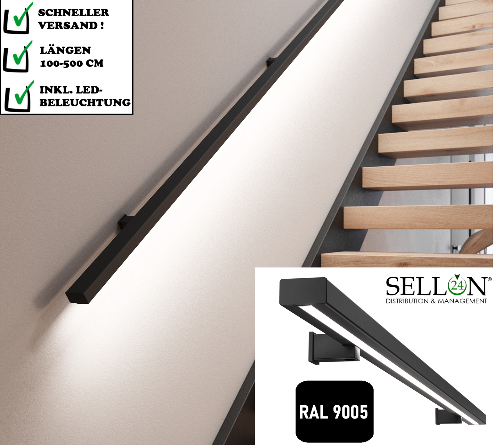 Wandhandlauf LED Handlauf mit Beleuchtung SCHWARZ Stahl Treppen SLIM RAL 9005