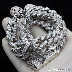 Authentic MEN 14K WHITE GOLD PLATED 18"-24"X12MM CZ PRONG SET CURB CHAIN NECKLACE*ABN5
