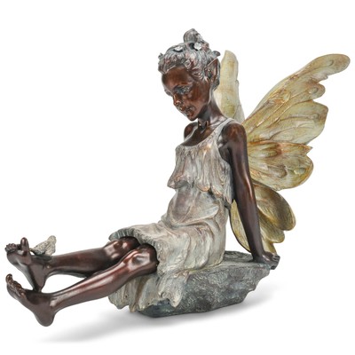 Fairy with Bird Bronze Tone 12.5 x 18 Inch Resin Stone Outdoor Garden Statue