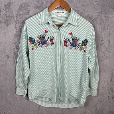 Vtg Casey Coleman Shirt Button Up XL? Women s Green Embroidered Gardener Charms