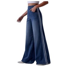 Halara Flex High Waisted Stripe Wide Leg Flowy Washed Casual Jeans L TALL NWOT