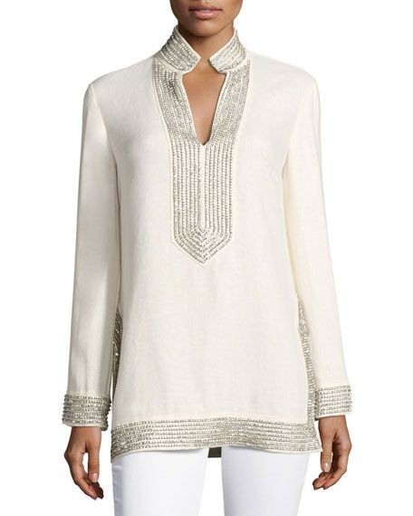 Tory Burch Tunic Top Womens 10 Cream Linen Swarovski Crystal Embellished