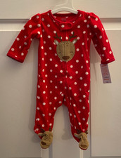Carters Infant Girls Red Polka Dot Fleece Reindeer Christmas Sleeper Pajama
