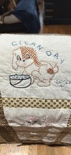 Vintage Crib Quilt Coverlet Embroidered Quilted Patchwork Animals White Brown