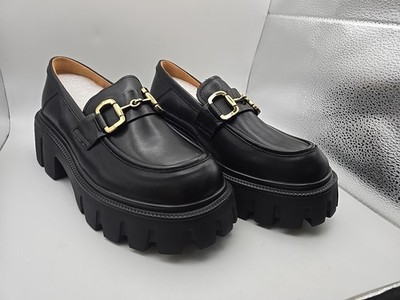 BEAU TODAY Chunky Loafers Women's Size 8 Platform Loafers Black Gold Buckle NIB