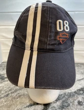Harley Davidson Hat Black And White Racing Stripes Trucker Cap 2008 Adjustable