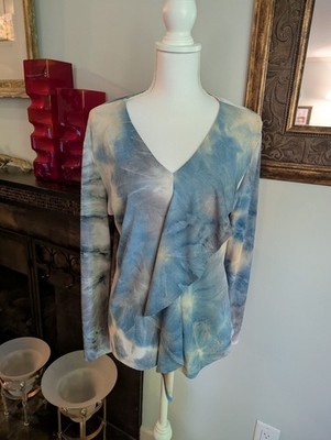 Clara Sun Woo Mesh Blouse Womens Large Blue Cream Tie Dye Ruffle VNeck 57