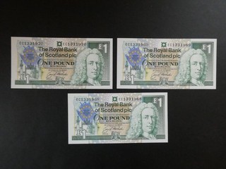 3No. CONSECUTIVE 1992 ROYAL BANK OF SCOTLAND £1 BANKNOTE COLLECTION FRESH UNC