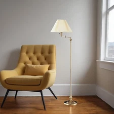 59" Bronze Metal Swing Arm Floor Lamp With Beige Fabric Empire Shade