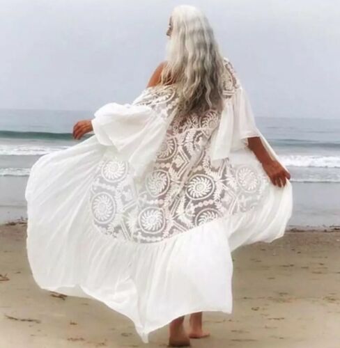 Kimono blanc caftan femme taille 10 12 couverture vacances à la plage long été  - Photo 1/11