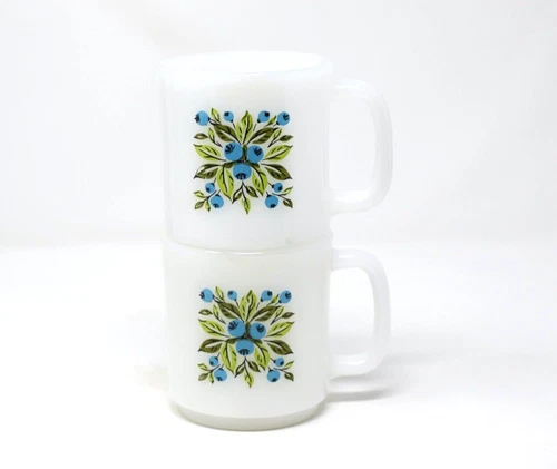 Set of 2 Vintage Jeannette Glasbake Milk Glass Blueberries Coffee Tea Mugs