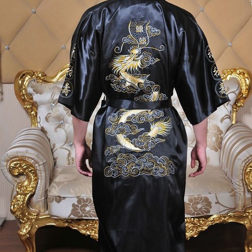Bathrobes Men's Satin Silk Robe Embroidered Dragon Kimono Pajamas ...