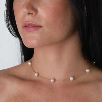 Mikimoto 8mm Akoya Culture Pearl Station Necklace 18k Yellow Gold