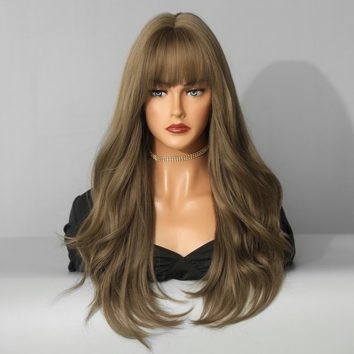 Long Wavy Heat Resistant Hair Medium brown Dress Up Wigs With Fringe eBay