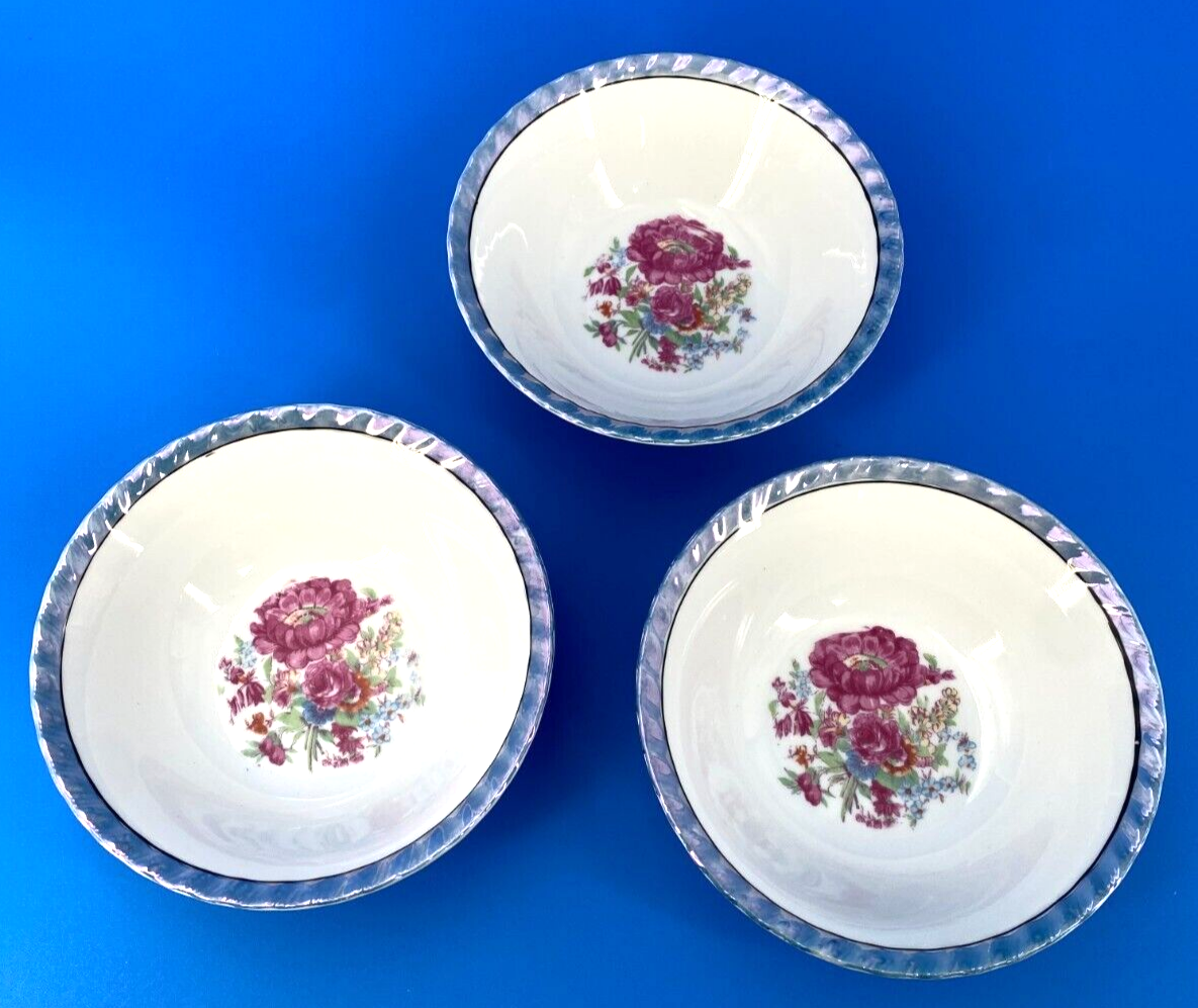 Set of 3 Vintage Cereal Bowls Rose Design Shimmer Blue Edge Japan