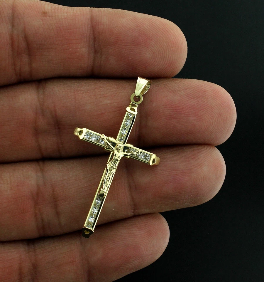 Real 10K Yellow Gold Cross Pendant Diamond Cut Gold Crucifix Charm 2.0" inch - Image 2 of 4