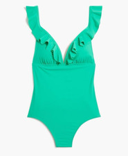 J. Crew Ruffled Shoulder V-Neck One-Piece Swimsuit Size S BG217, Teal, NEW