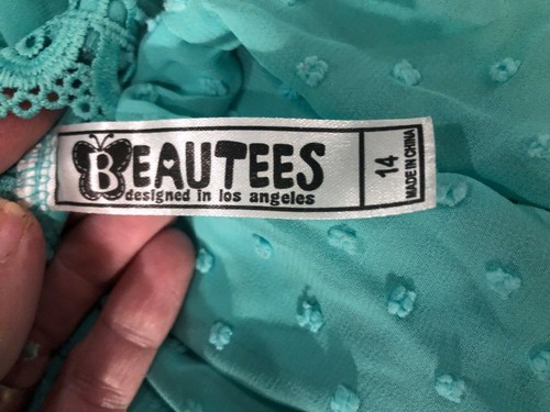 BEAUTEES Girl's Seafoam Green Dot Mesh Crochet Lace Bell Cold Shoulder Dress 14 - Picture 9 of 11