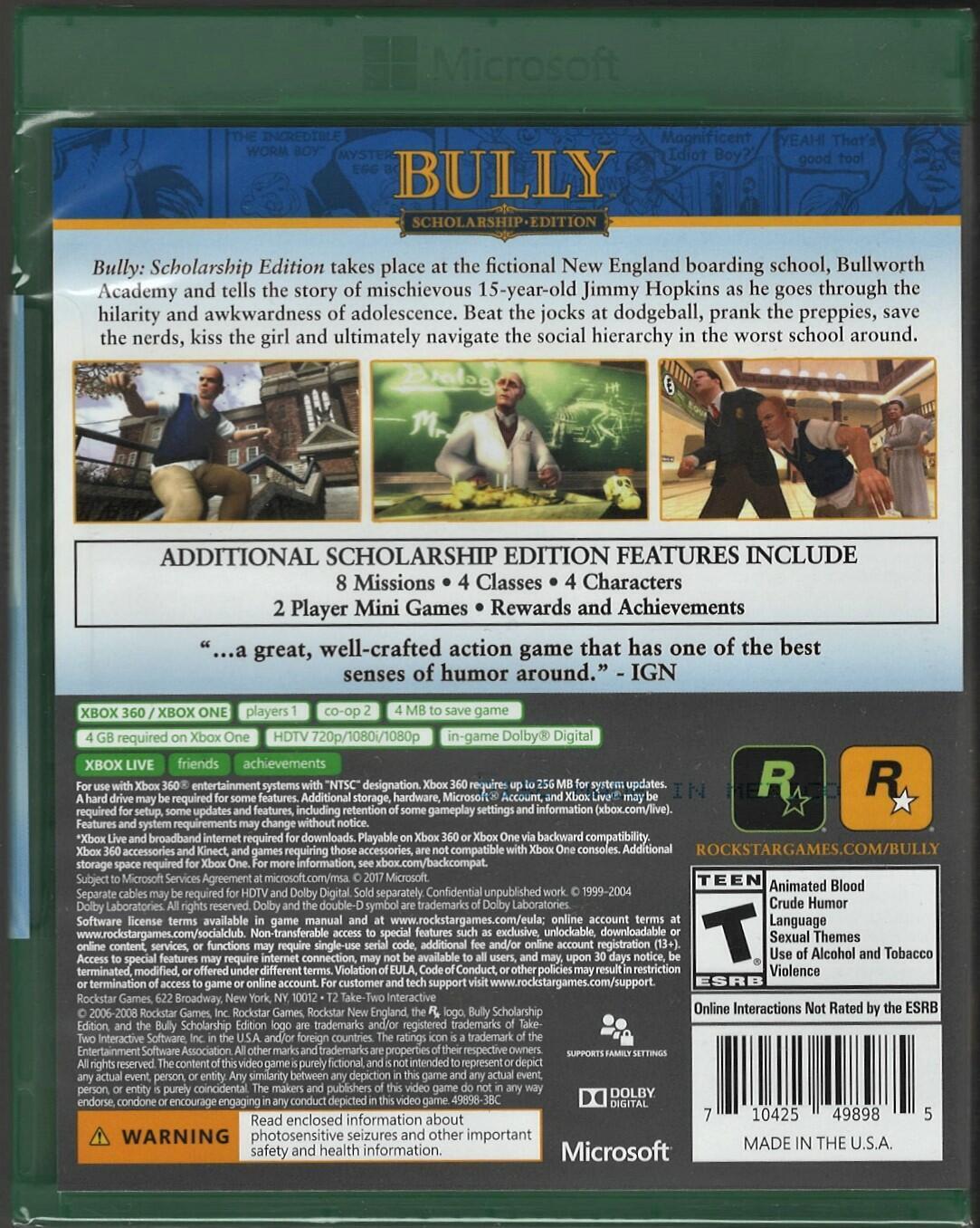 Bully - Scholarship Edition - Xbox One / Xbox 360 Brand New And SEALED