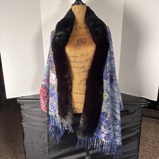 Faux Fur Lined Shawl Cape Knit Cardigan Wrap Fringe Colorful Main Trim Is Black