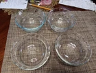 Four Pyrex Tempered Glass 464 10 Oz Custard/Ramekin Cups 3 Rings/Scalloped Edges