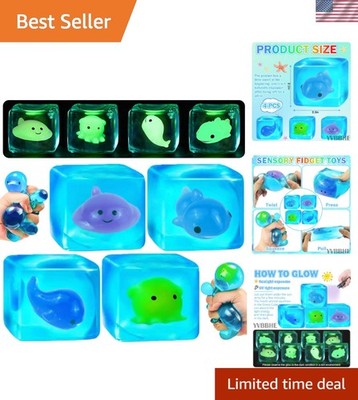 4 Pack Blue Squeeze Cube with Luminous Sea   Animals Inside，Squishy Stress Fi...