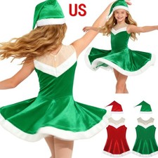 Kids Girls Santa Claus Outfit Cosplay Dance Dress 2Pcs Christmas Costume Velvet