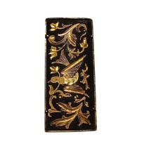 VTG Brooch Gold Plated Black Tone Italian Damascene Floral Bird Rectangular Pin