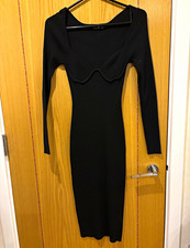 Nasty Gal Black Bodycon Scoop Neck Long Sleeve Stretch Knit Midi Dress UK 6