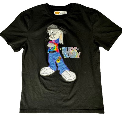 Bugs Bunny Looney Tunes 3D Embroidered Logo Stitched T-Shirt Black Tie Dye Large