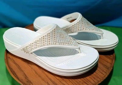 Crocs Monterey White Diamante Gold Silver Beads Wedge Flip Flop Sandals 9W US