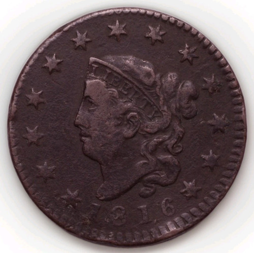 1816 Coronet Head Large Cent N-9 R-3 Large Center Dot Rim Dent