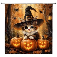 Halloween Cat Shower Curtain,Autumn Festival Decor for Bathroom,Pumpkin Spide