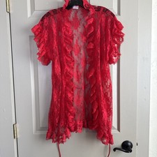 Vtg Frederick's of Hollywood Red Lace Ruffled Lingerie Robe Made in USA Size OS
