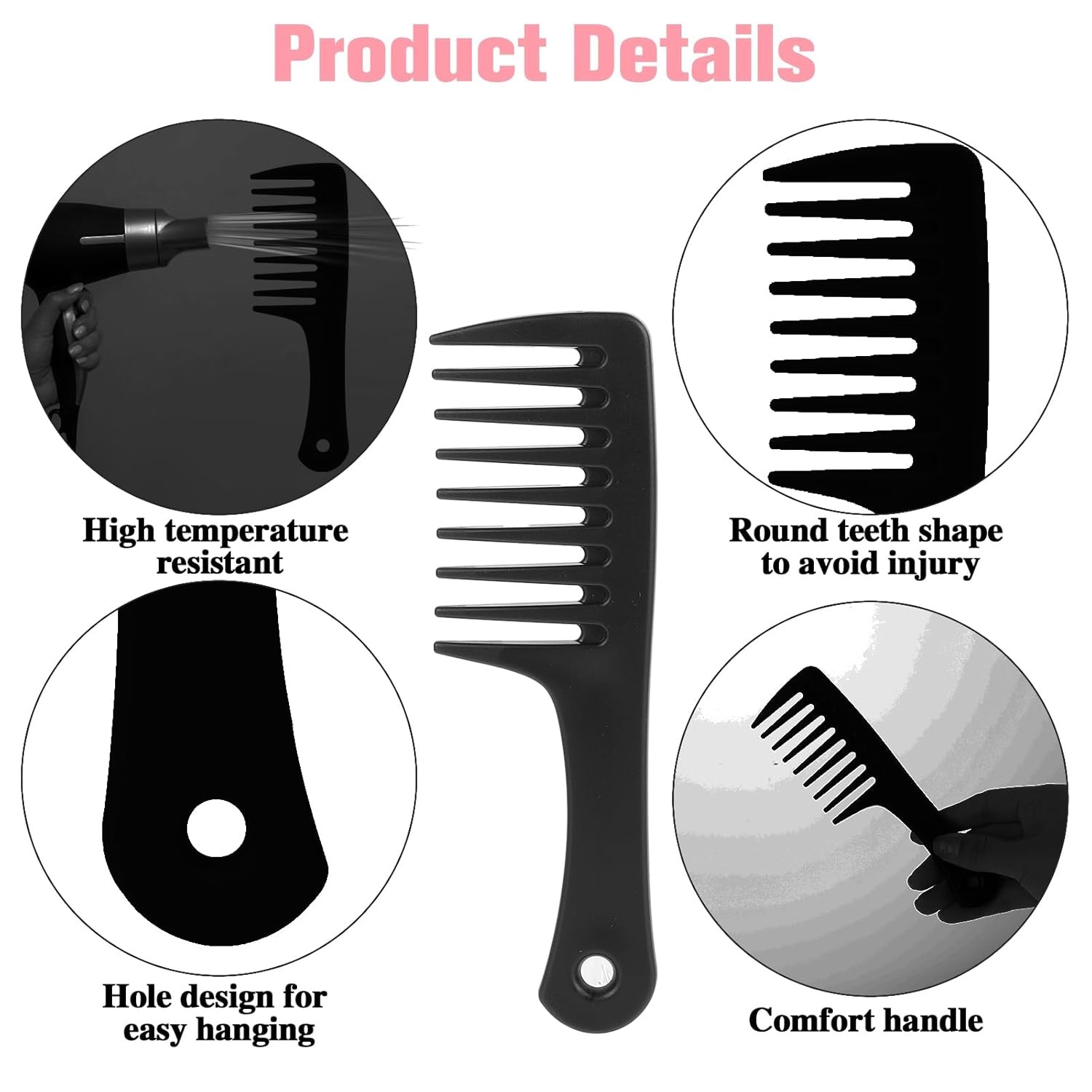 Wide Tooth Comb 2 Pack - Portable Travel Detangling for Small, Black 