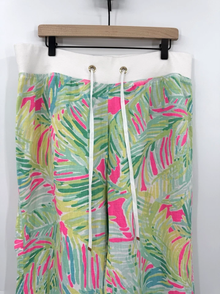 Pantalones Lilly Pulitzer Mujer XL Rosa Verde Pierna Ancha Lino Pull On Preppy Foto 2 de 4