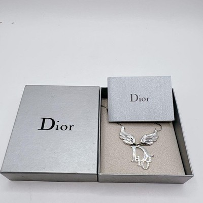 Christian Dior Necklace Angel Wings Feather Logo Silver Y2K Galliano Pendant Box