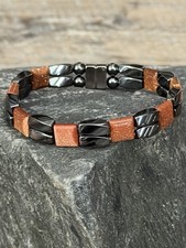 Black Magnetic Hematite Therapy Bracelet Anklet 2 Row w Sand Stone