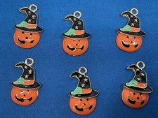6 Enamel Gold Jack O Lantern Witch Hat Jewelry Charms