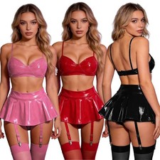 Womens Patent Leather Wet Look Garter Belt Lingerie Set Corset Outfit Nightwear