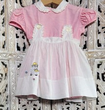 Vintage Baby Togs Pink White Embroidered Garden Girl Pinafore Dress