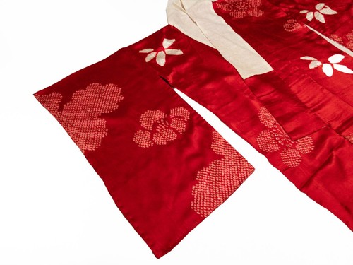 Vintage Nagajuban Kimono Unterkleid rot Seide Shibori in kräftigem Blumenmuster - Bild 4 von 11