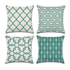 Set of 4 Pillow Covers 18x18, Modern Simple Geometric Green Style Linen Fabric