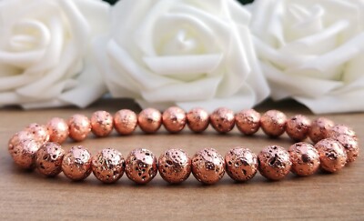 Rose Gold Electroplated Metallic Pink Lava Stone Bracelet, 8mm Chunky Women's 