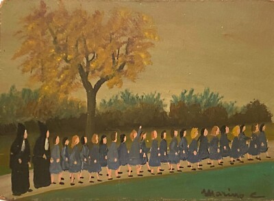 MARINO VINTAGE FOLK ART PRIMITIVE NUNS CHILDREN FIGURE PORTRAIT STUDY PAINTING 