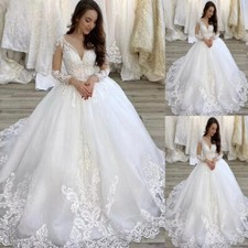 White Ivory Ball Gown WeddingDresses V Neck Long Sleeve Lace Applique BridalGown