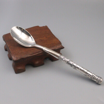 Real 999 Fine Silver Spoon Healthy Lotus Flower Handle Vintage